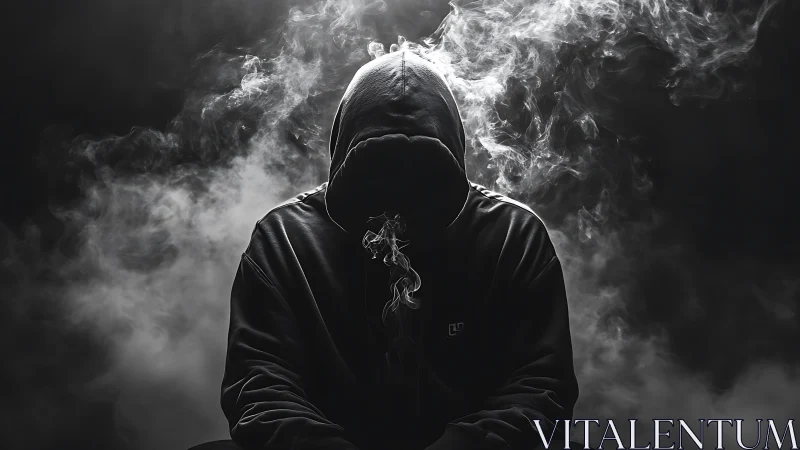 Hooded silhouette enveloped in dramatic monochrome smoke lighting