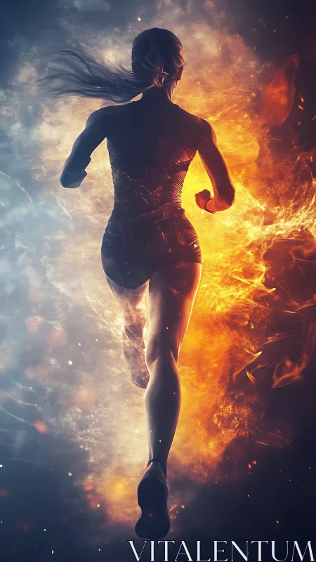 Runner silhouette between fire and ice energy burst.