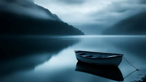 Rowboat on still misty lake under moody blue twilight.