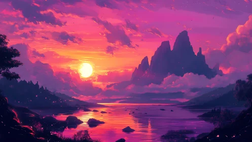 Vibrant mountain lake sunset under saturated magenta sky.