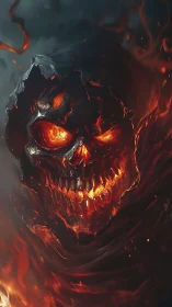 Infernal skull wreathed in molten fire and shadowed smoke.