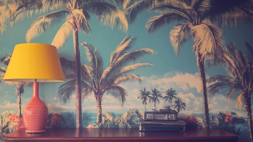 Retro sunset corner where palm dreams meet table light.