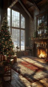 Cozy rustic living room with Christmas tree and fire.