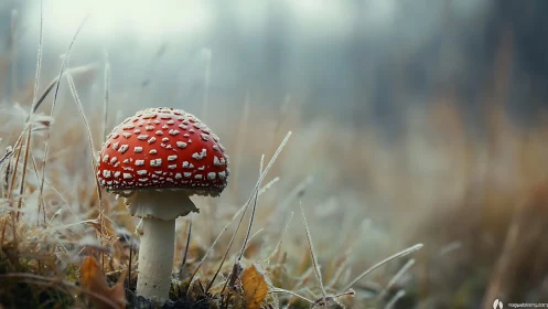 Red fly agaric glows softly in a misty frosted meadow.