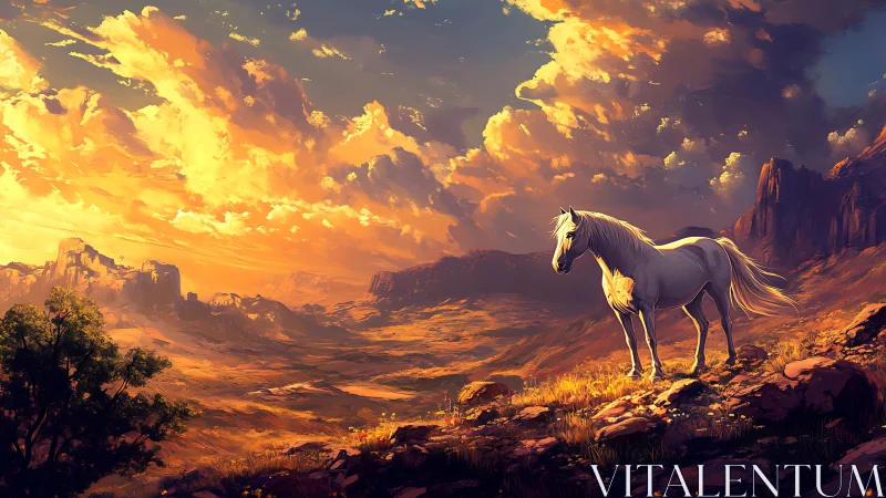 Lone white stallion under blazing canyon sunset clouds.