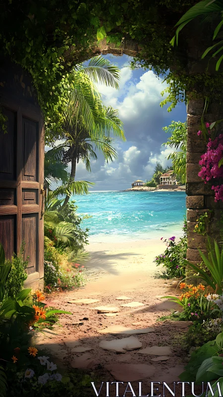 Tropical Paradise Through Stone Gateway.
