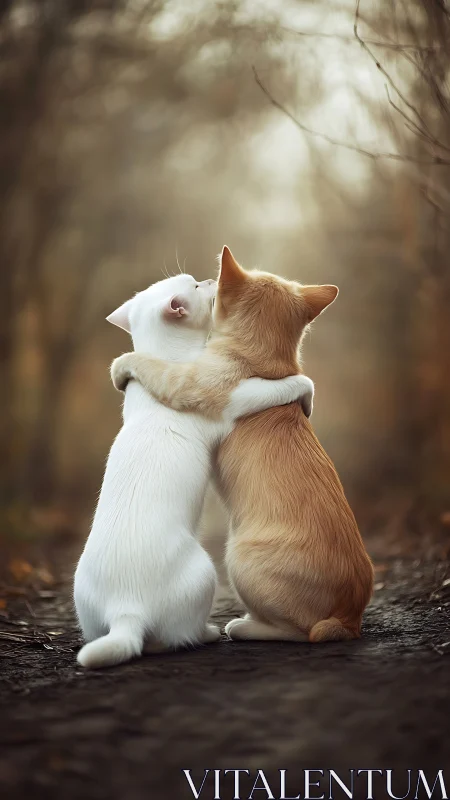 Two kittens embrace in warm woodland light.