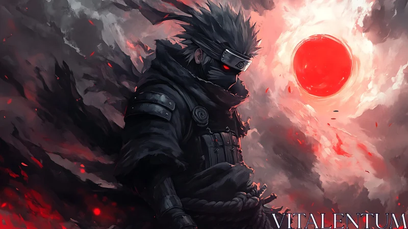 Masked ninja figure stands before large red sun in clouds