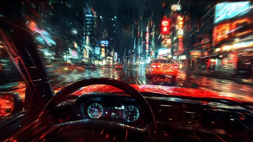 Neon city drive viewed from rainy car interior at speed.