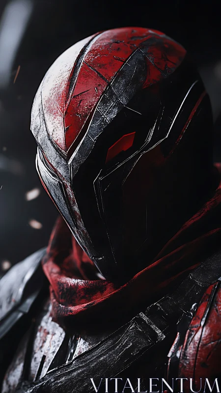 Heavily weathered red tactical helmet renders with cinematic bokeh