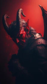 Demonic horned warrior portrait in red backlight, SFX realism