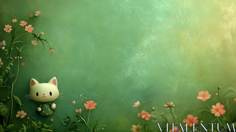 Whimsical Cat Figurine Among Spring Flowers in Soft Green Garden