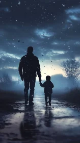 Silhouetted parent and child walking through luminous dusk path.