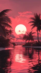 Rendered tropical inlet shows large sun over reflective water