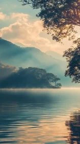 Mist-kissed mountain lake dreaming in soft sunrise hush.