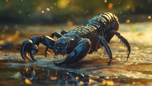 Macro view of wet black scorpion on reflective stone at dusk