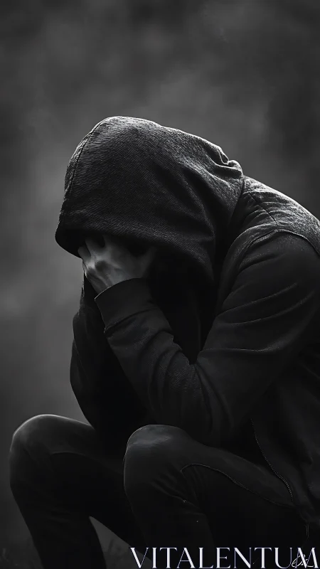 Monochrome hooded figure crouching in profile with obscured face