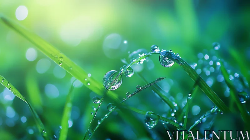 Dewdrops on curved grass blades sparkle in soft morning light.
