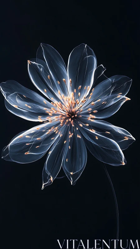 Luminous glasslike flower glows softly against deep night