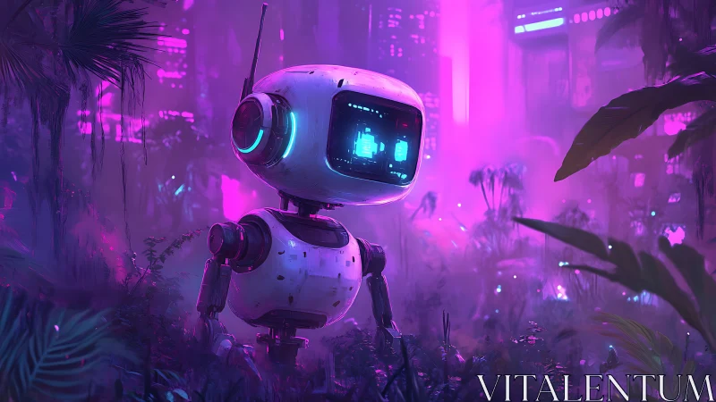 Curious little robot wandering a neon jungle twilight.
