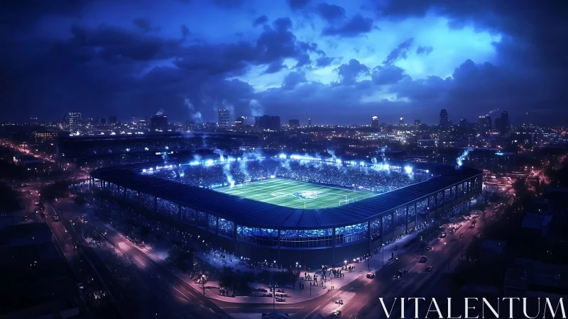 Digital night stadium panorama with illuminated urban skyline.