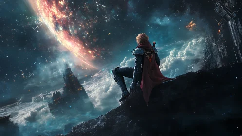 Starlit warrior resting beneath a burning celestial horizon.