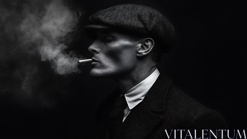 Smoker in flat cap exhales smoke against deep black background