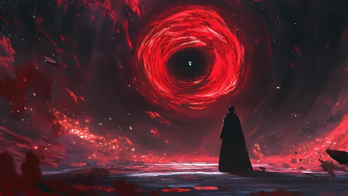 Crimson cosmic vortex and lone wanderer beneath swirling sky.