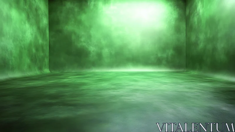 Luminous green volumetric fog fills an empty virtual room