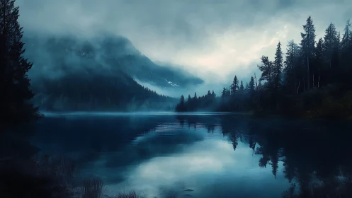 Fog-covered mountain lake with conifer forest reflection.