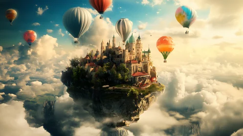 Floating sky island city with hot air balloons above clouds.