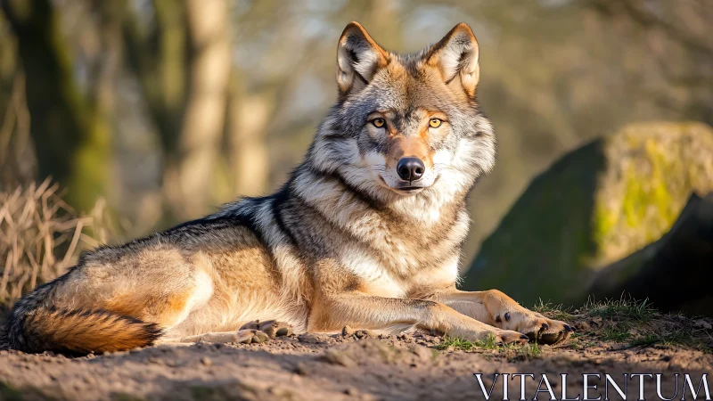 Wolf lying on sunlit ground in a natural outdoor habitat.