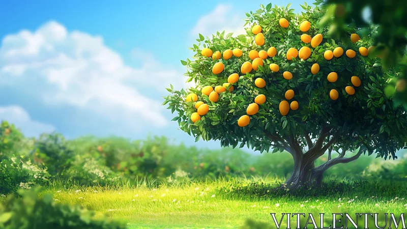 Sunlit lemon tree in lush orchard meadow under blue sky