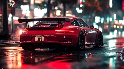 Scarlet GT3 sports car idling on neon soaked city street.