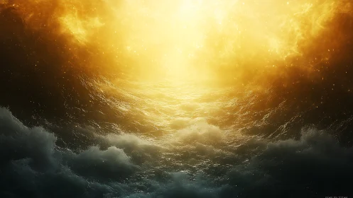Celestial golden sea merging with stormy dark clouds below.
