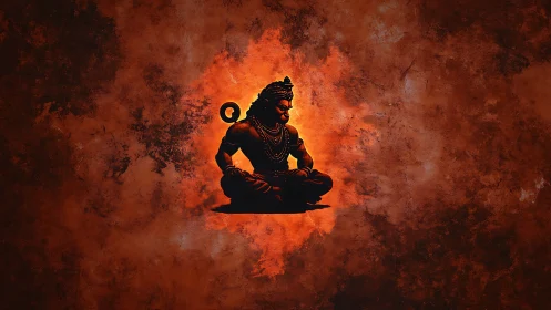 Seated meditative deity silhouette on textured orange field.