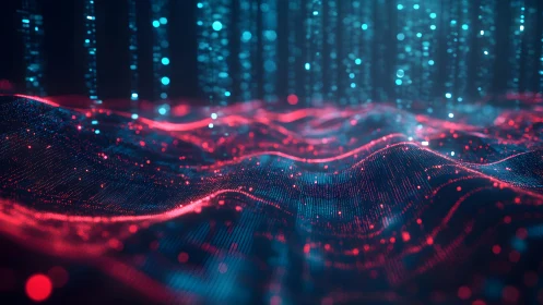 Abstract digital landscape of glowing data waves in neon style.