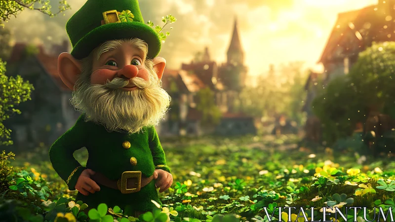 Detailed 3D leprechaun character in sunlit clover village field