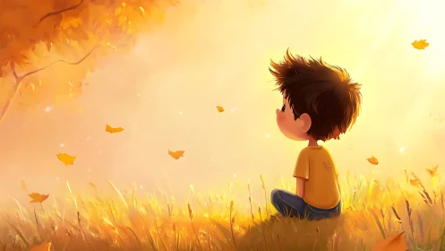 Child quietly daydreams in a golden autumn sunrise field