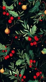 Vector holly foliage and berry lattice with golden baubles.