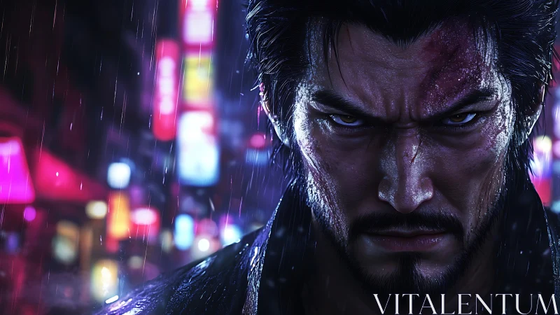 Scarred warrior glares through neon rain in a tense night
