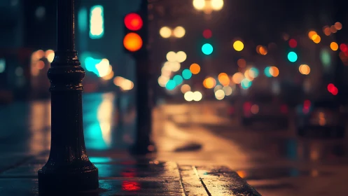 Rainy city street glows with blurred traffic lights at night.