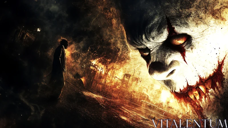 Clown-like demonic face over burning urban ruins at night.