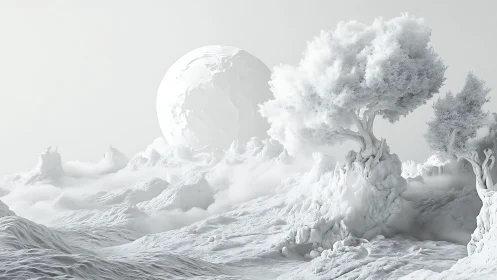 Monochrome alien forest rises from misty frozen valley.