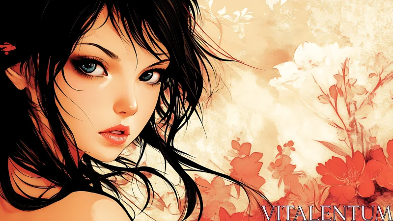 Stylized portrait of woman with red floral background.