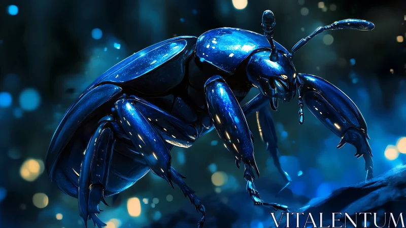 Specular blue beetle rendered with high-gloss PBR shading in bokeh field