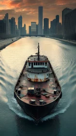Photorealistic rusted cargo ship on urban river axis at dusk.
