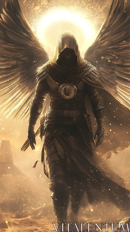 Hooded angel strides through golden light in a radiant storm