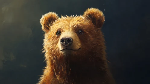 Golden-furred bear portrait under soft studio light.