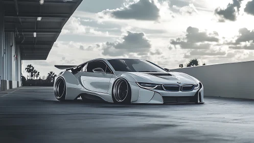 Low-slung silver sports coupe with widebody aero kit on tarmac.
